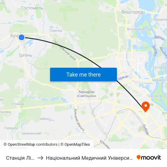 Станція Лісова Буча to Національний Медичний Університет Імені О. О. Богомольця map