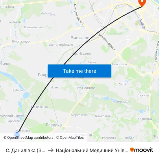С. Данилівка (Вул. Пролетарська) to Національний Медичний Університет Імені О. О. Богомольця map