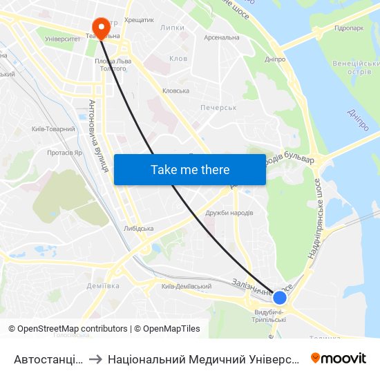 Автостанція Видубичi to Національний Медичний Університет Імені О. О. Богомольця map