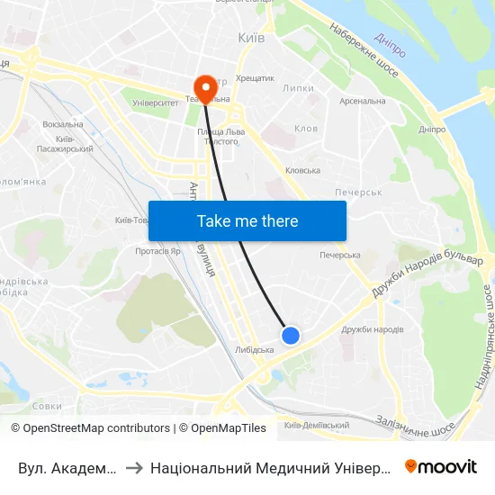 Вул. Академіка Філатова to Національний Медичний Університет Імені О. О. Богомольця map