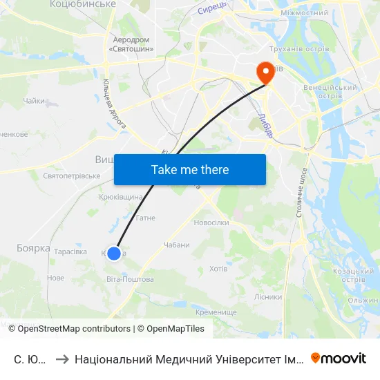 С. Юрівка to Національний Медичний Університет Імені О. О. Богомольця map