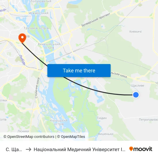 С. Щасливе to Національний Медичний Університет Імені О. О. Богомольця map