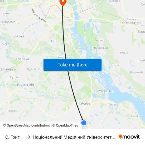 С. Григорівка to Національний Медичний Університет Імені О. О. Богомольця map