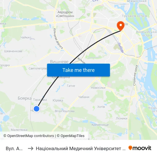Вул. Амосова to Національний Медичний Університет Імені О. О. Богомольця map
