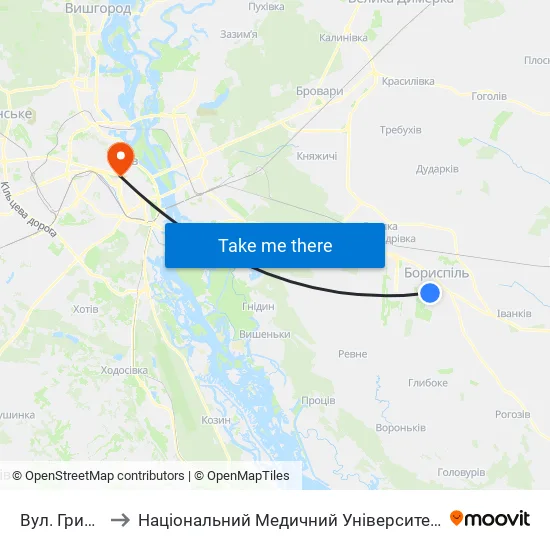 Вул. Гришинська to Національний Медичний Університет Імені О. О. Богомольця map