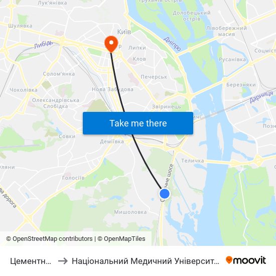 Цементний Завод to Національний Медичний Університет Імені О. О. Богомольця map