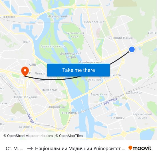 Ст. М. Лісова to Національний Медичний Університет Імені О. О. Богомольця map