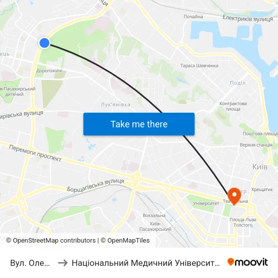 Вул. Олени Теліги to Національний Медичний Університет Імені О. О. Богомольця map