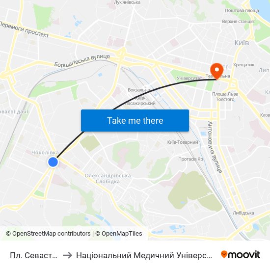 Пл. Севастопольська to Національний Медичний Університет Імені О. О. Богомольця map