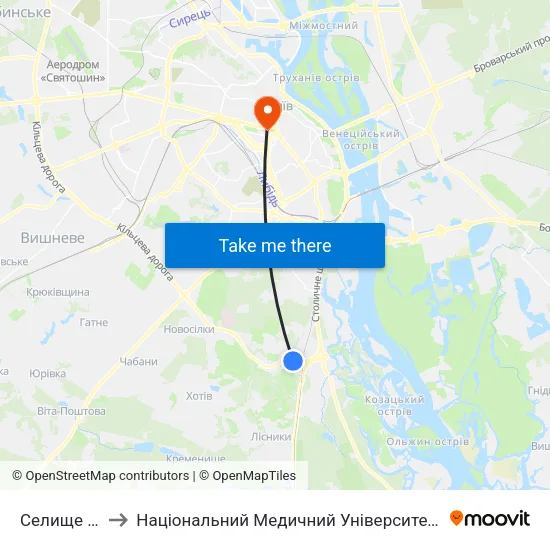 Селище Пирогів to Національний Медичний Університет Імені О. О. Богомольця map