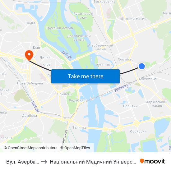 Вул. Азербайджанська to Національний Медичний Університет Імені О. О. Богомольця map