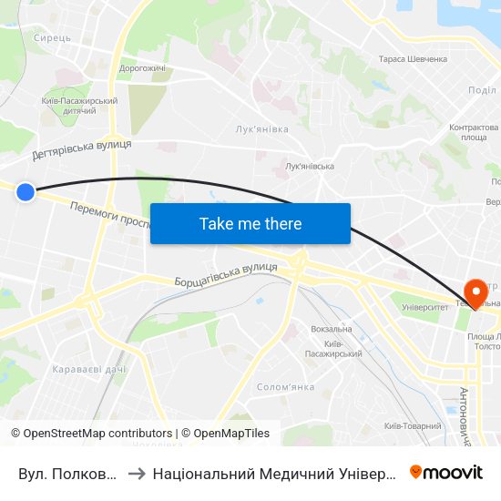 Вул. Полковника Шутова to Національний Медичний Університет Імені О. О. Богомольця map