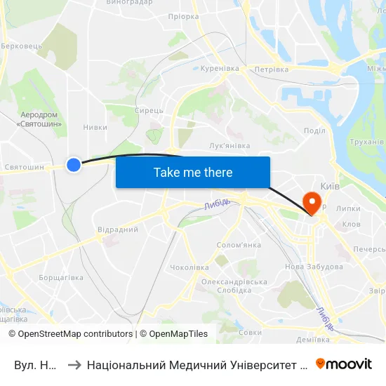 Вул. Нивська to Національний Медичний Університет Імені О. О. Богомольця map