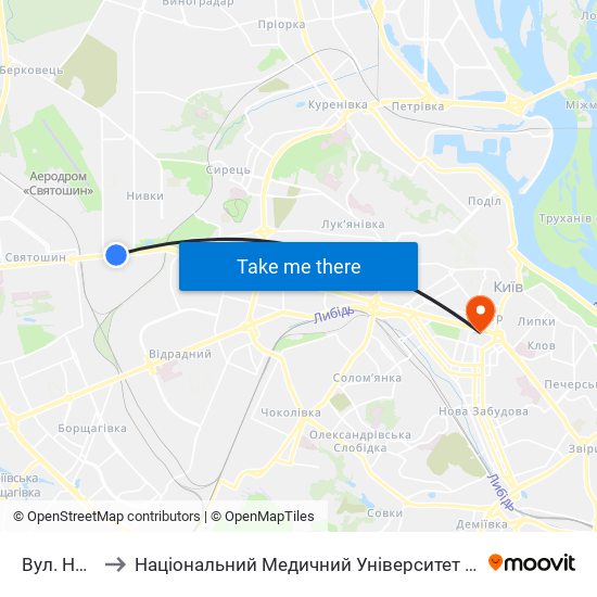 Вул. Нивська to Національний Медичний Університет Імені О. О. Богомольця map