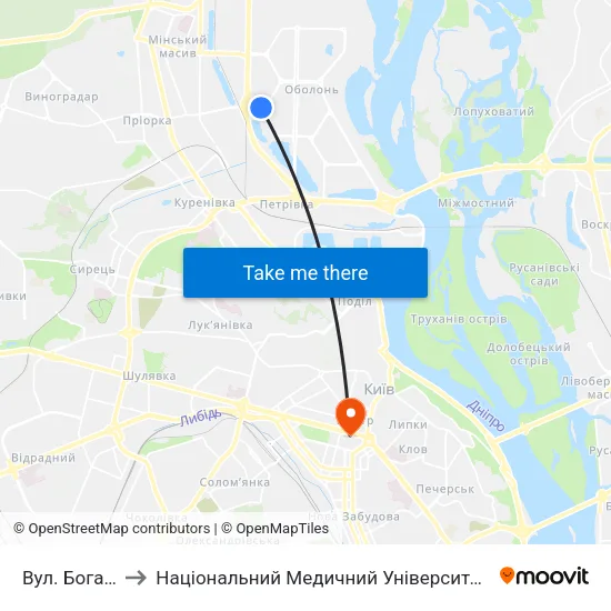 Вул. Богатирська to Національний Медичний Університет Імені О. О. Богомольця map