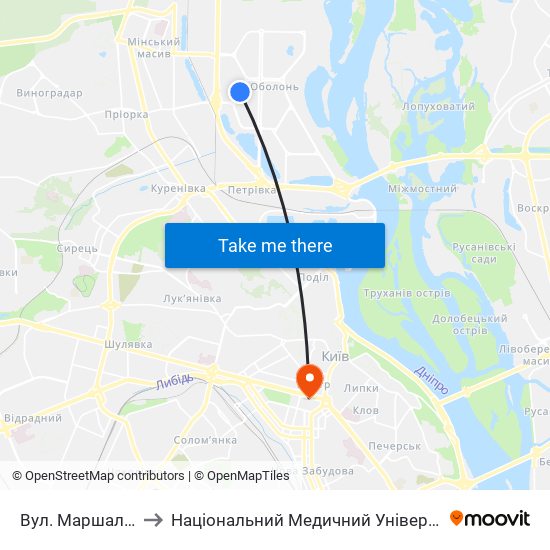 Вул. Маршала Тимошенка to Національний Медичний Університет Імені О. О. Богомольця map