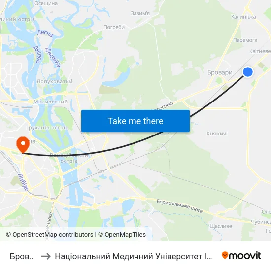 Бровари-1 to Національний Медичний Університет Імені О. О. Богомольця map