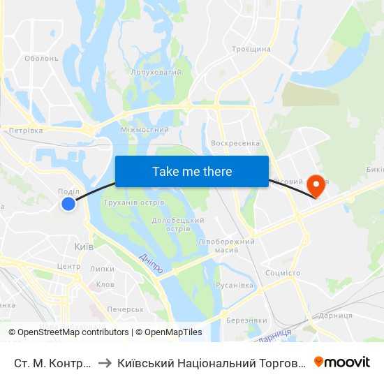 Ст. М. Контрактова Площа to Київський Національний Торговельно-Економічний Університет map