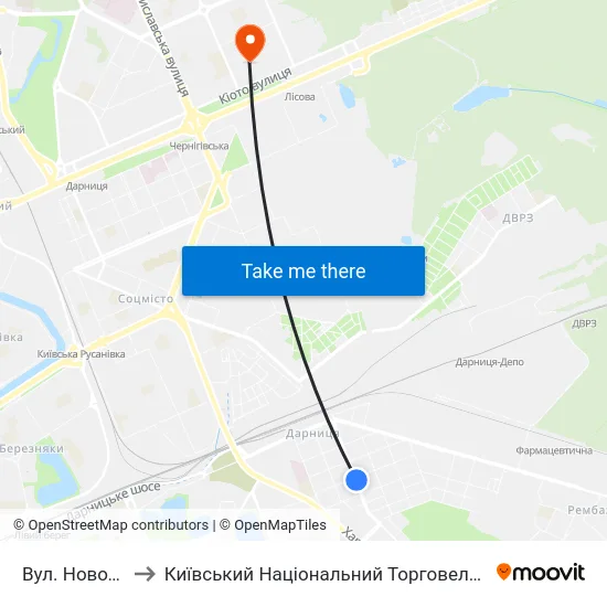 Вул. Новодарницька to Київський Національний Торговельно-Економічний Університет map