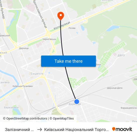 Залізничний Вокзал Дарниця to Київський Національний Торговельно-Економічний Університет map