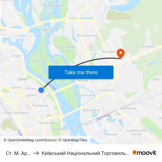 Ст. М. Арсенальна to Київський Національний Торговельно-Економічний Університет map