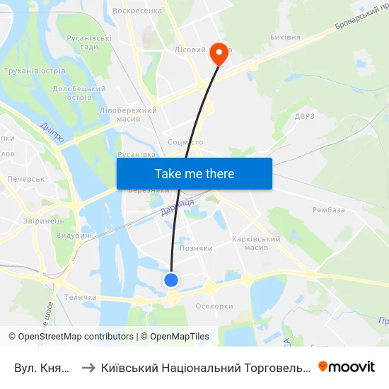 Вул. Княжий Затон to Київський Національний Торговельно-Економічний Університет map