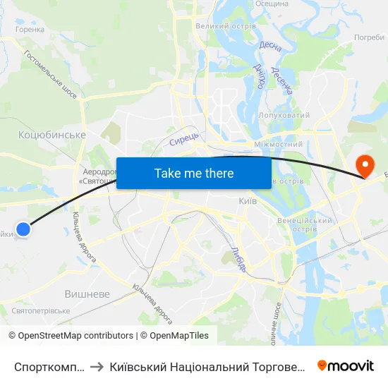 Спорткомплекс Чайка to Київський Національний Торговельно-Економічний Університет map
