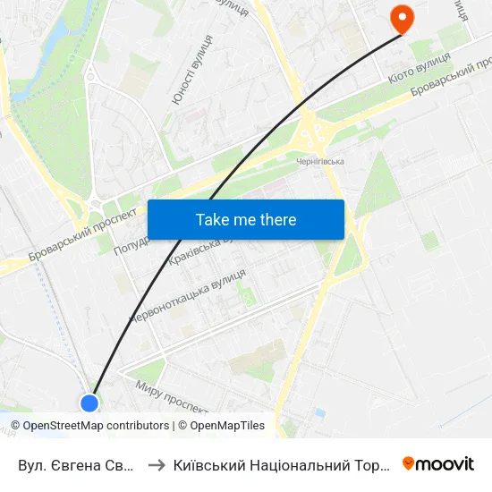 Вул. Євгена Сверстюка (На Вимогу) to Київський Національний Торговельно-Економічний Університет map