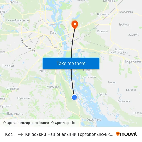 Козин-1 to Київський Національний Торговельно-Економічний Університет map
