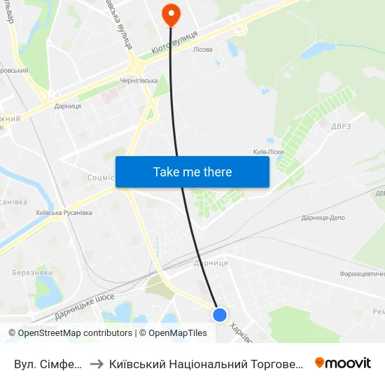 Вул. Сімферопольська to Київський Національний Торговельно-Економічний Університет map