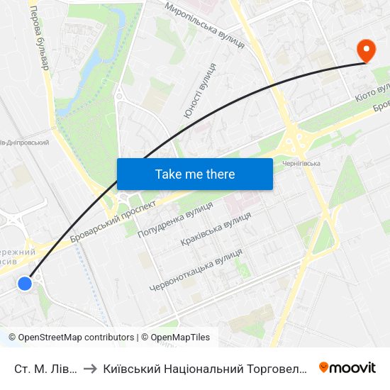 Ст. М. Лівобережна to Київський Національний Торговельно-Економічний Університет map