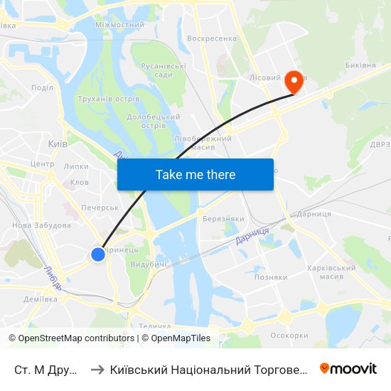 Ст. М Дружби Народів to Київський Національний Торговельно-Економічний Університет map