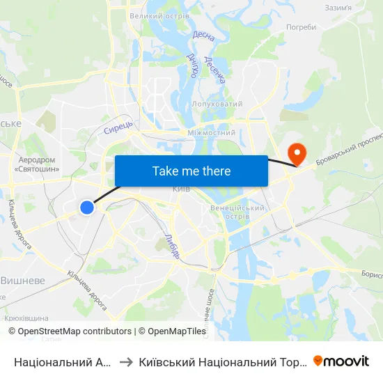 Національний Авіаційний Університет to Київський Національний Торговельно-Економічний Університет map