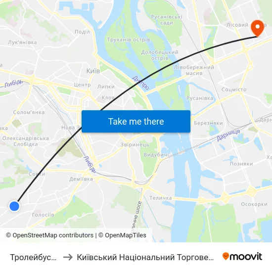 Тролейбусне Депо №1 to Київський Національний Торговельно-Економічний Університет map
