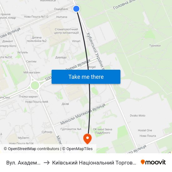 Вул. Академіка Курчатова to Київський Національний Торговельно-Економічний Університет map