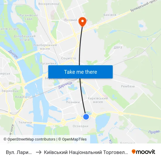 Вул. Лариси Руденко to Київський Національний Торговельно-Економічний Університет map