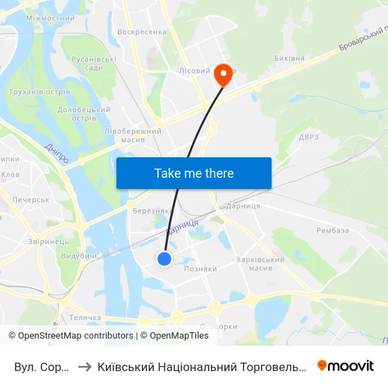 Вул. Сортувальна to Київський Національний Торговельно-Економічний Університет map