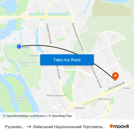 Русанівські Сади to Київський Національний Торговельно-Економічний Університет map