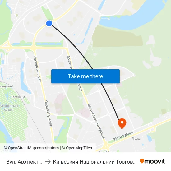 Вул. Архітектора Ніколаєва to Київський Національний Торговельно-Економічний Університет map