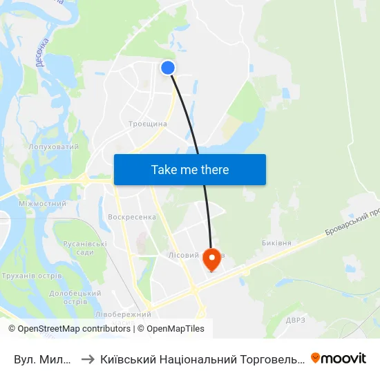 Вул. Милославська to Київський Національний Торговельно-Економічний Університет map