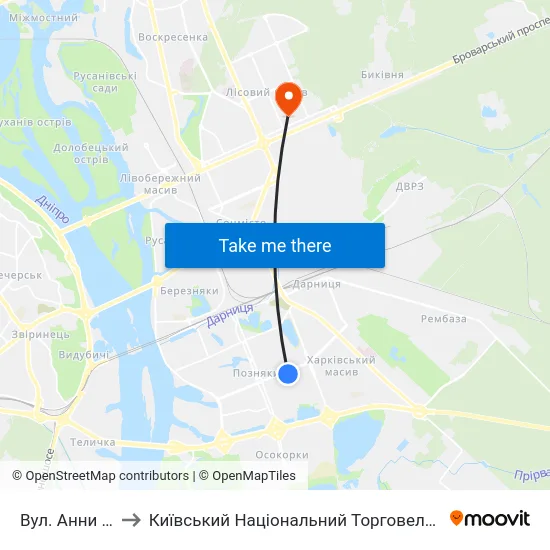 Вул. Анни Ахматової to Київський Національний Торговельно-Економічний Університет map