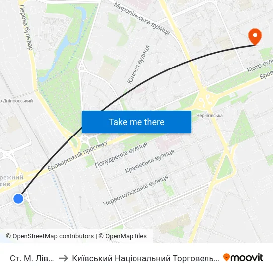 Ст. М. Лівобережна to Київський Національний Торговельно-Економічний Університет map