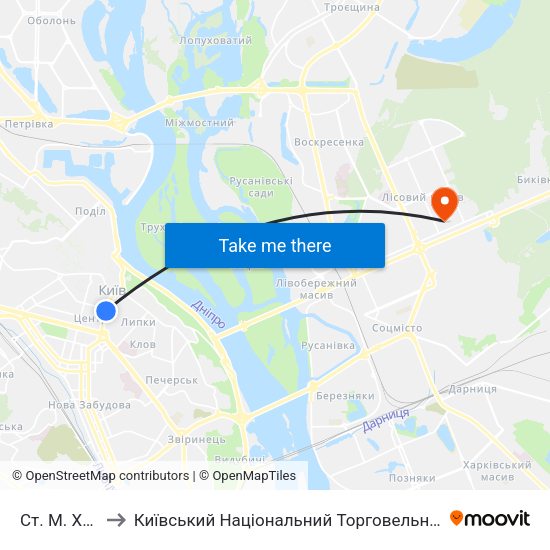Ст. М. Хрещатик to Київський Національний Торговельно-Економічний Університет map