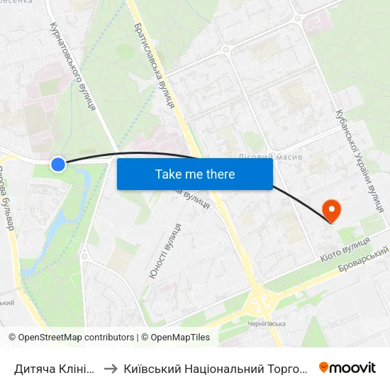 Дитяча Клінічна Лікарня №2 to Київський Національний Торговельно-Економічний Університет map