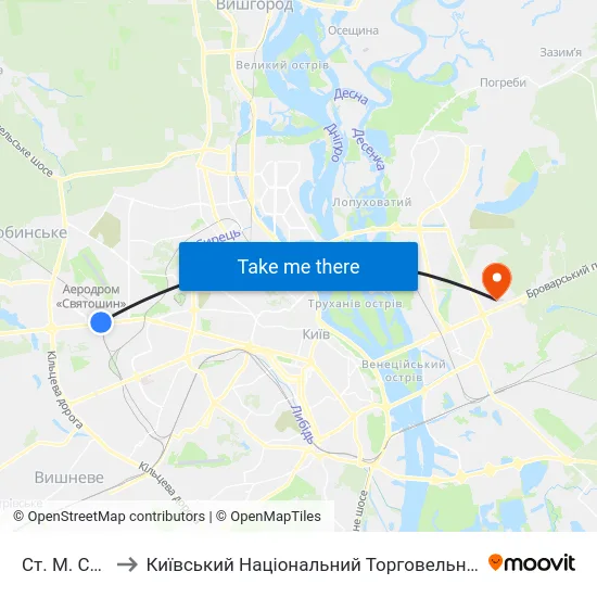 Ст. М. Святошин to Київський Національний Торговельно-Економічний Університет map
