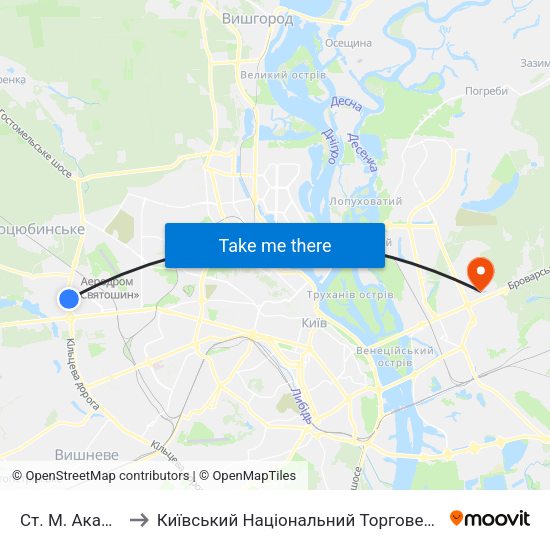 Ст. М. Академмістечко to Київський Національний Торговельно-Економічний Університет map