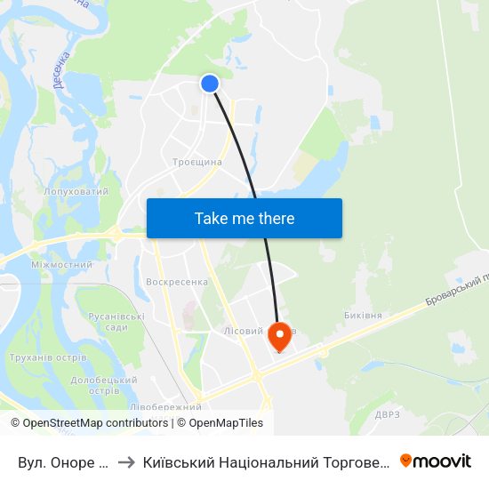 Вул. Оноре Де Бальзака to Київський Національний Торговельно-Економічний Університет map