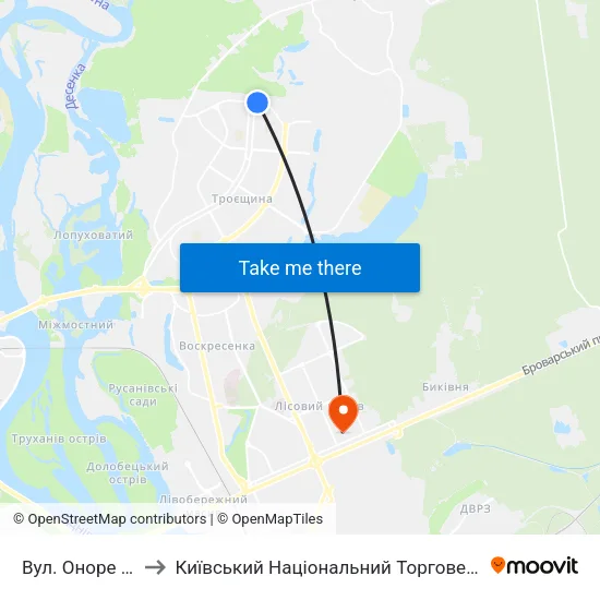 Вул. Оноре Де Бальзака to Київський Національний Торговельно-Економічний Університет map
