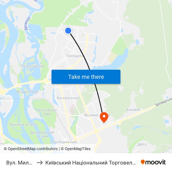 Вул. Милославська to Київський Національний Торговельно-Економічний Університет map