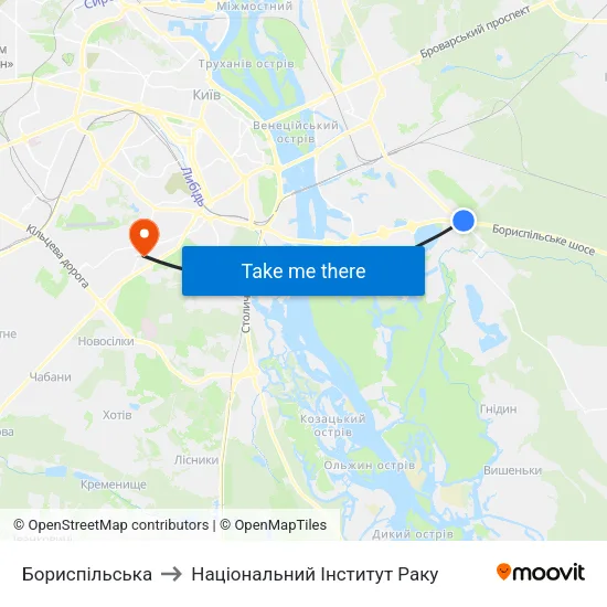 Бориспільська to Національний Інститут Раку map